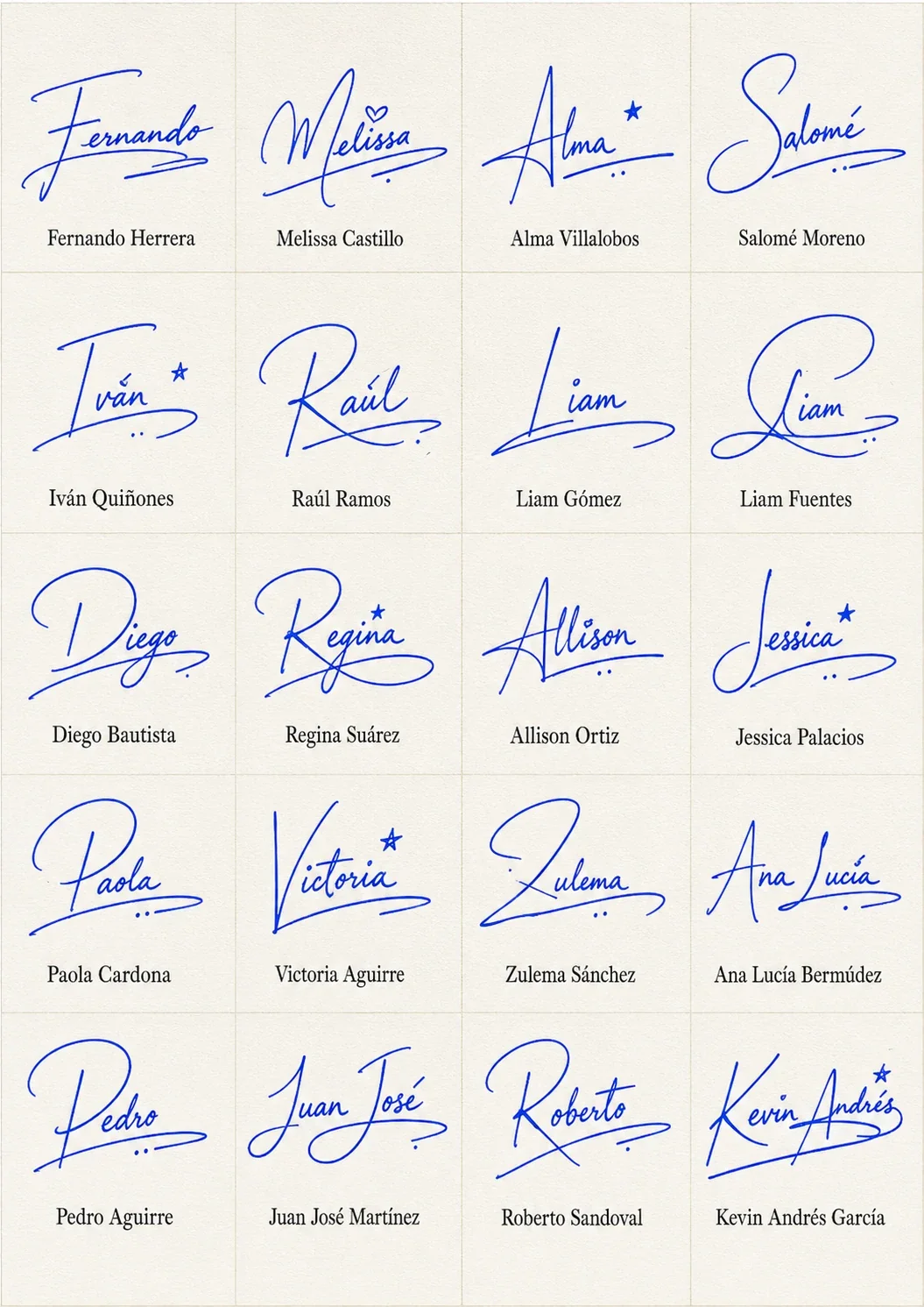 Firmas Simples con Nombre Collage de Firmas Simples con Nombre con 20 nombres latinos en estilo manuscrito.