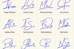 Collage de firmas sin mucho texto con iniciales y rúbrica en 20 nombres latinos.
