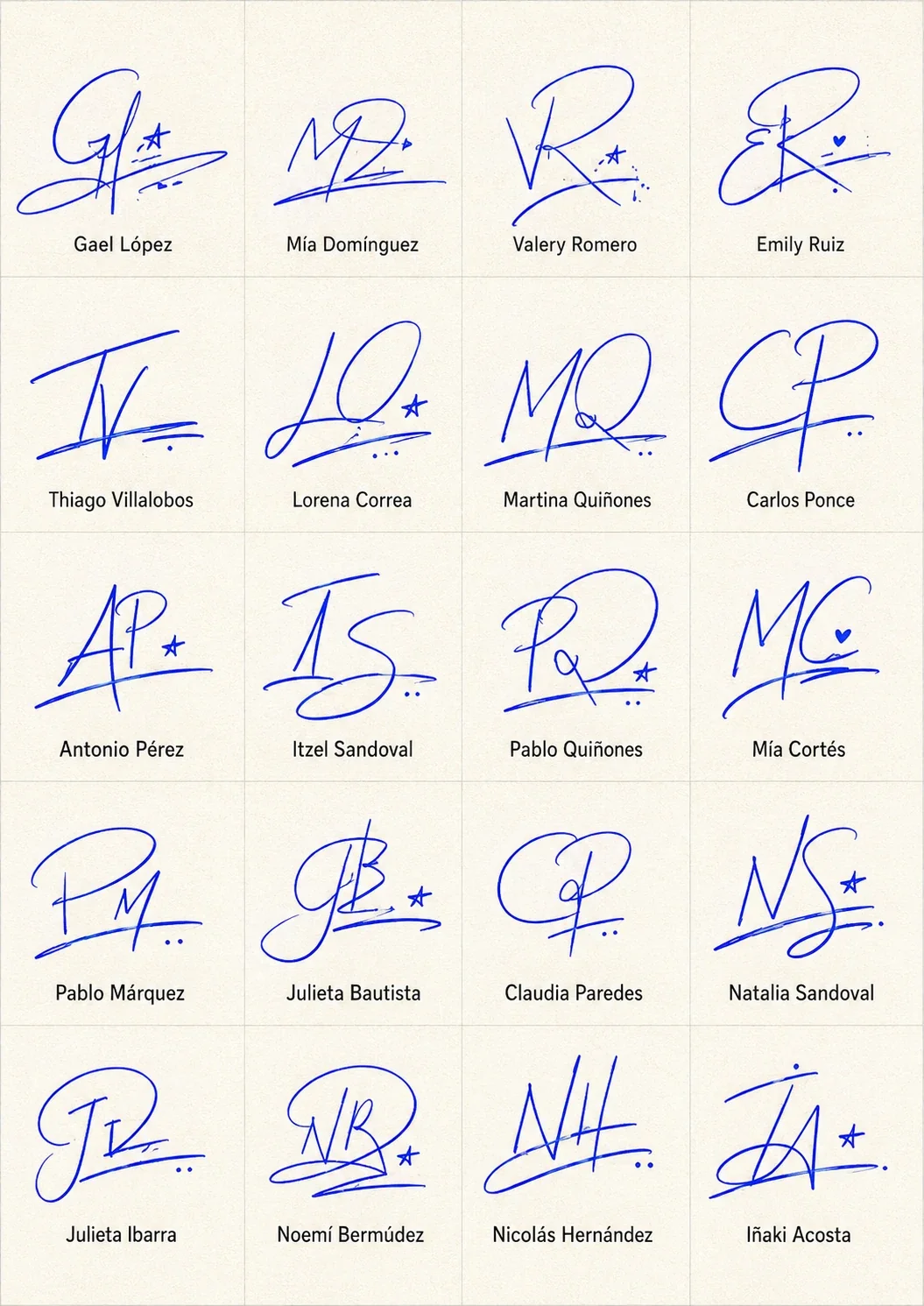 Firmas sin mucho texto: iniciales y rúbrica Collage de firmas sin mucho texto con iniciales y rúbrica en 20 nombres latinos.