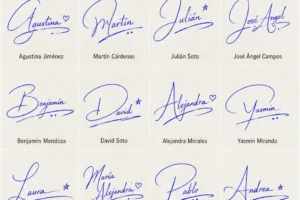 Collage de Rúbricas para Firmas con 20 nombres latinos en estilo manuscrito.
