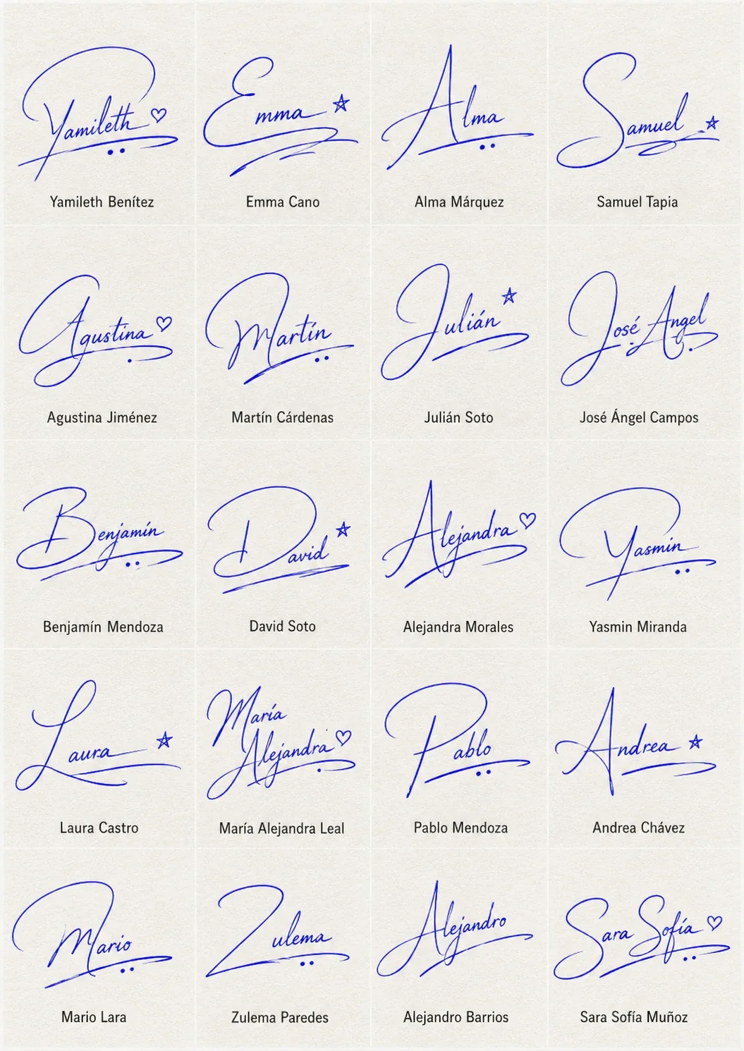 Rúbricas para Firmas Collage de Rúbricas para Firmas con 20 nombres latinos en estilo manuscrito.