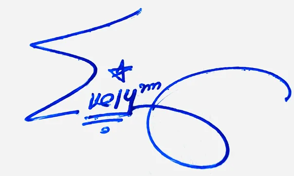 Evelynn handwritten signature example in blue ink on white background