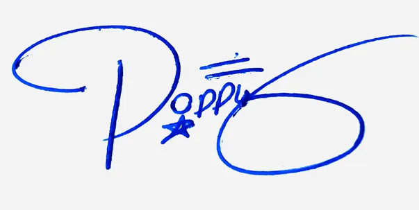 Poppy handwritten signature example in blue ink on white background