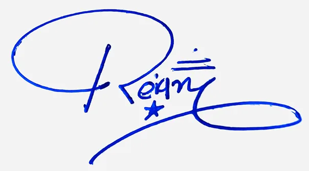 Reign handwritten signature example in blue ink on white background