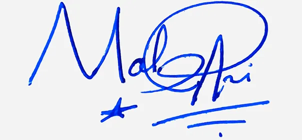 Malani handwritten signature example in blue ink on white background