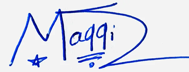Maggie handwritten signature example in blue ink on white background