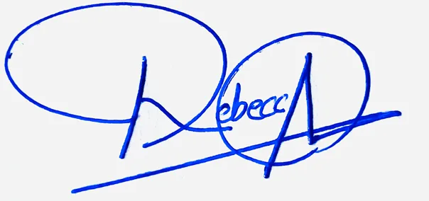 Rebecca handwritten signature example in blue ink on white background