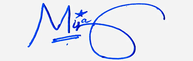 Mya handwritten signature example in blue ink on white background