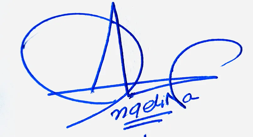 Angelina handwritten signature example in blue ink on white background