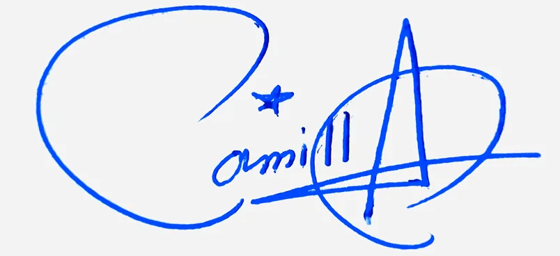 Camilla handwritten signature example in blue ink on white background