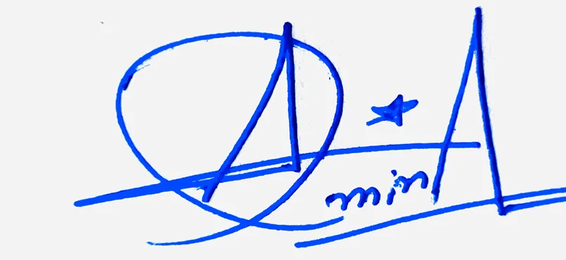 Amina handwritten signature example in blue ink on white background