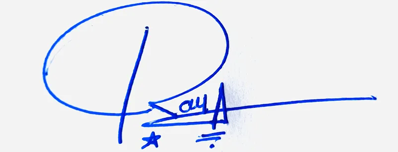 Raya handwritten signature example in blue ink on white background