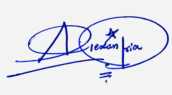 Alexandria handwritten signature example in blue ink on white background