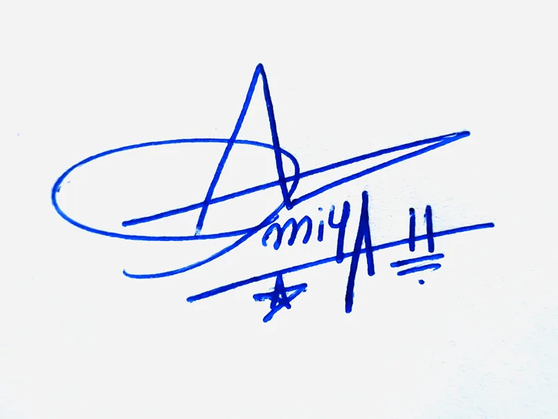 Amiyah handwritten signature example in blue ink on white background