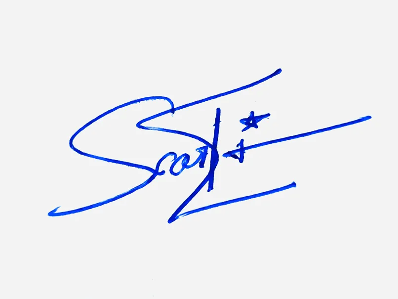 Scarlet handwritten signature example in blue ink on white background