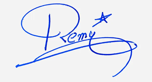 Remy handwritten signature designer handwritten signature example in blue ink
