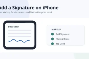 Illustration of using Markup to add, position and save a signature on an iPhone document