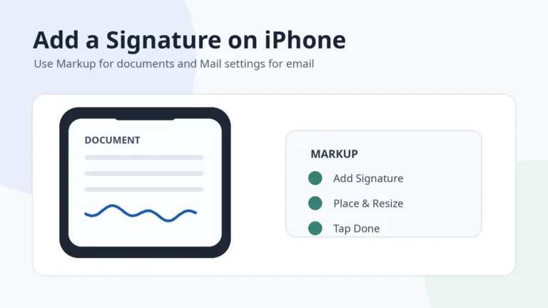 Illustration of using Markup to add, position and save a signature on an iPhone document