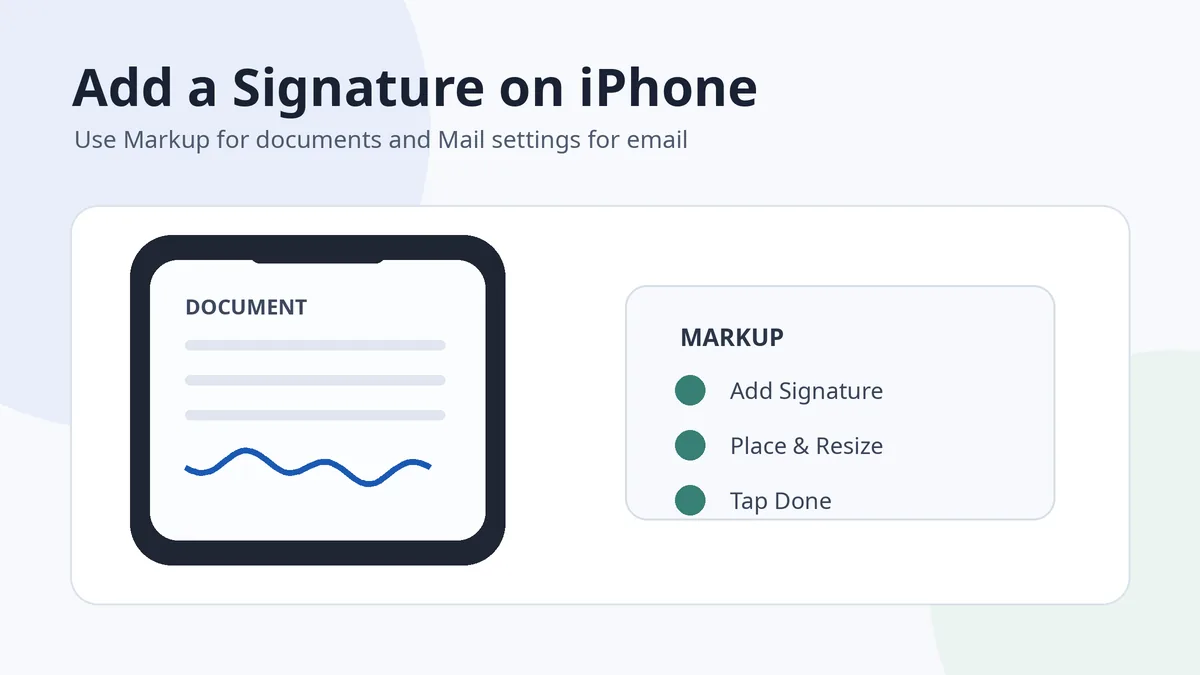 Illustration showing how to add a handwritten signature to a document on iPhone with Markup
