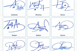 Portrait grid collage with 13 handwritten signature examples for Amari, Lucille, Blair, Adelaide, Wrenley and more names