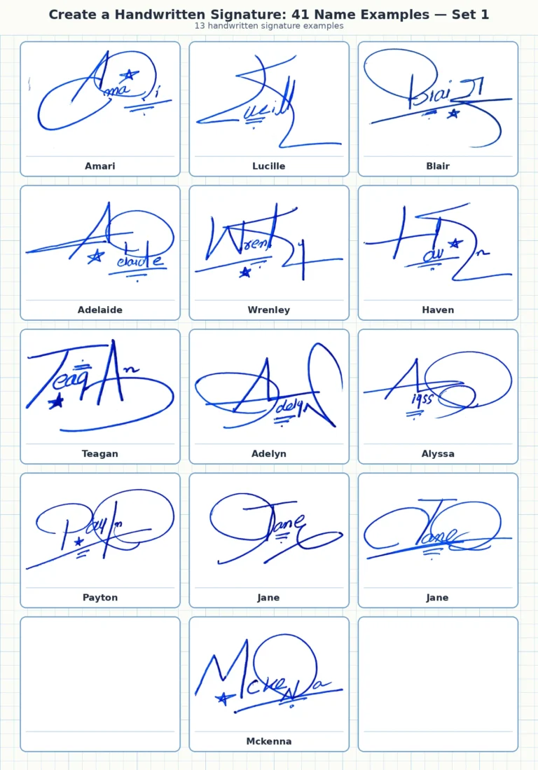 Portrait grid collage with 13 handwritten signature examples for Amari, Lucille, Blair, Adelaide, Wrenley and more names
