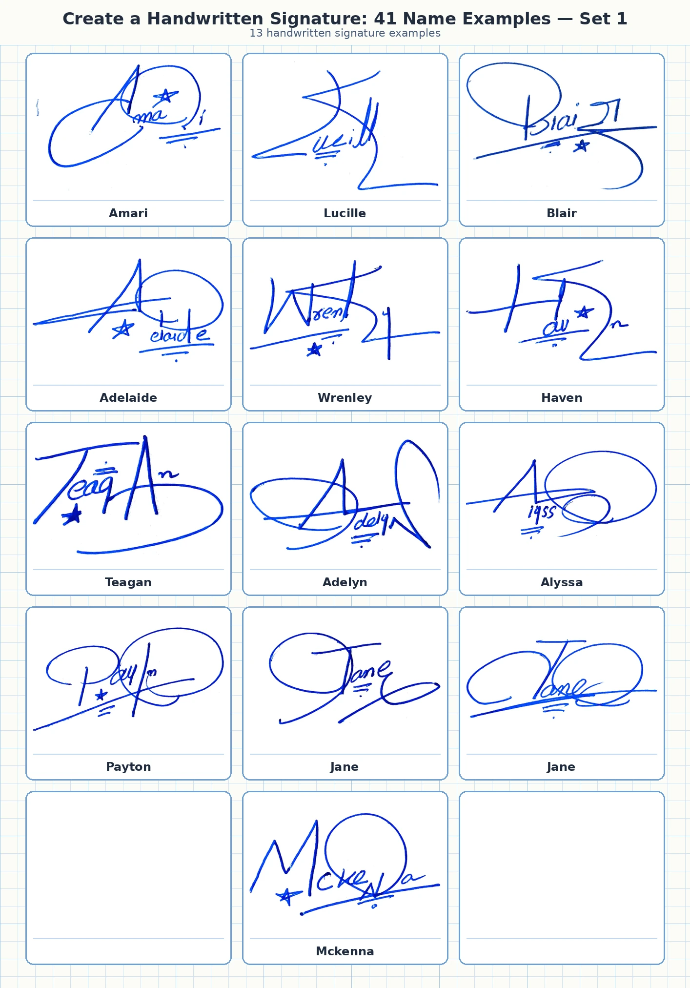 13 handwritten signature examples for Amari, Lucille, Blair, Adelaide and more names