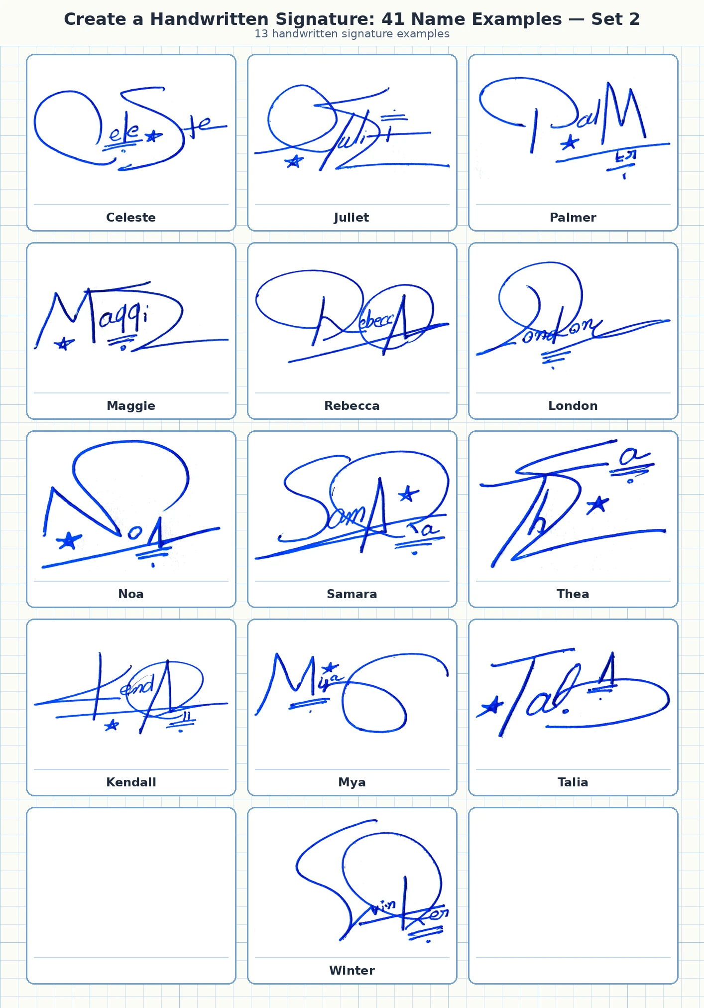 13 handwritten signature examples for Celeste, Juliet, Palmer, Maggie and more names