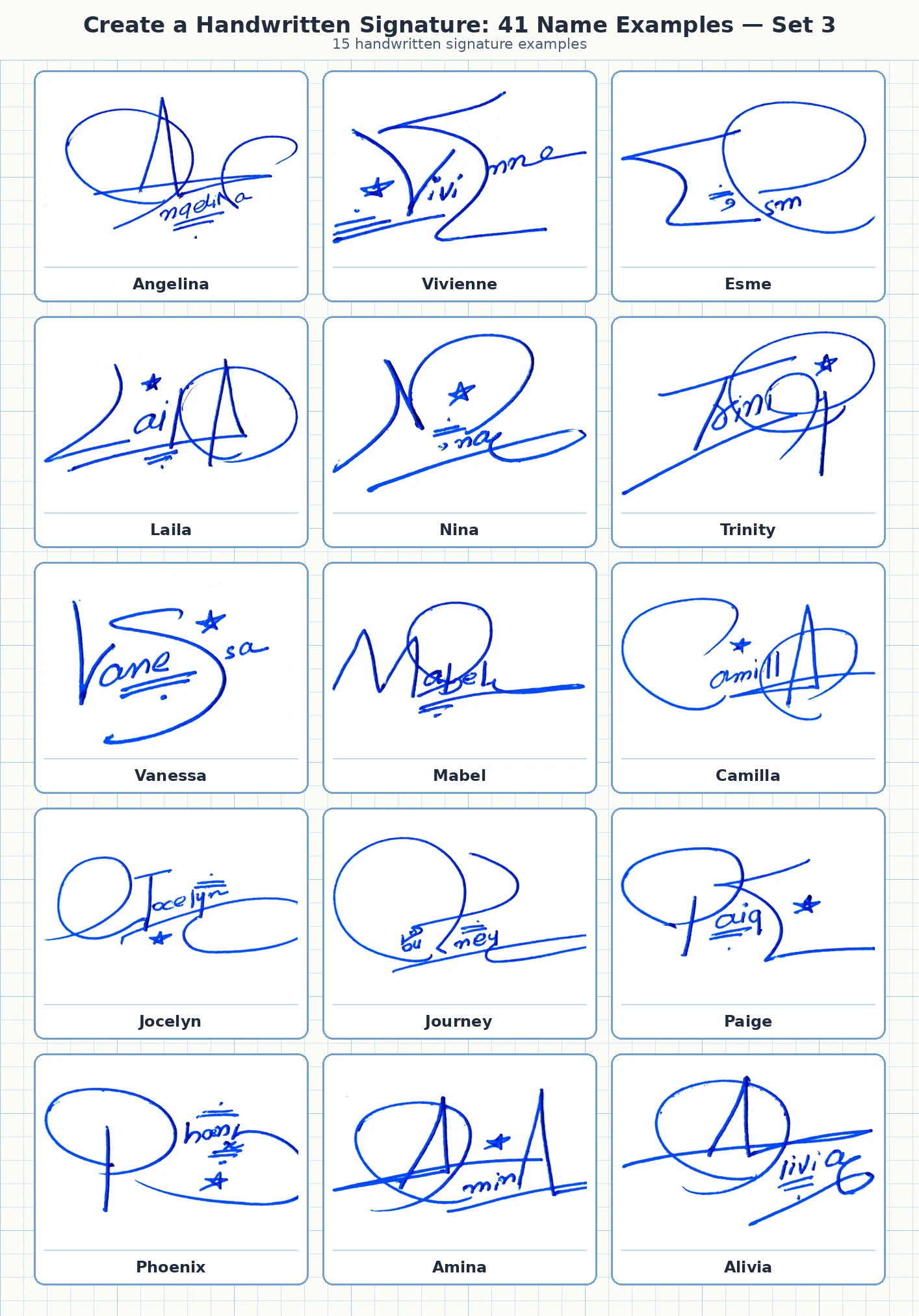 15 handwritten signature examples for Angelina, Vivienne, Esme, Laila and more names