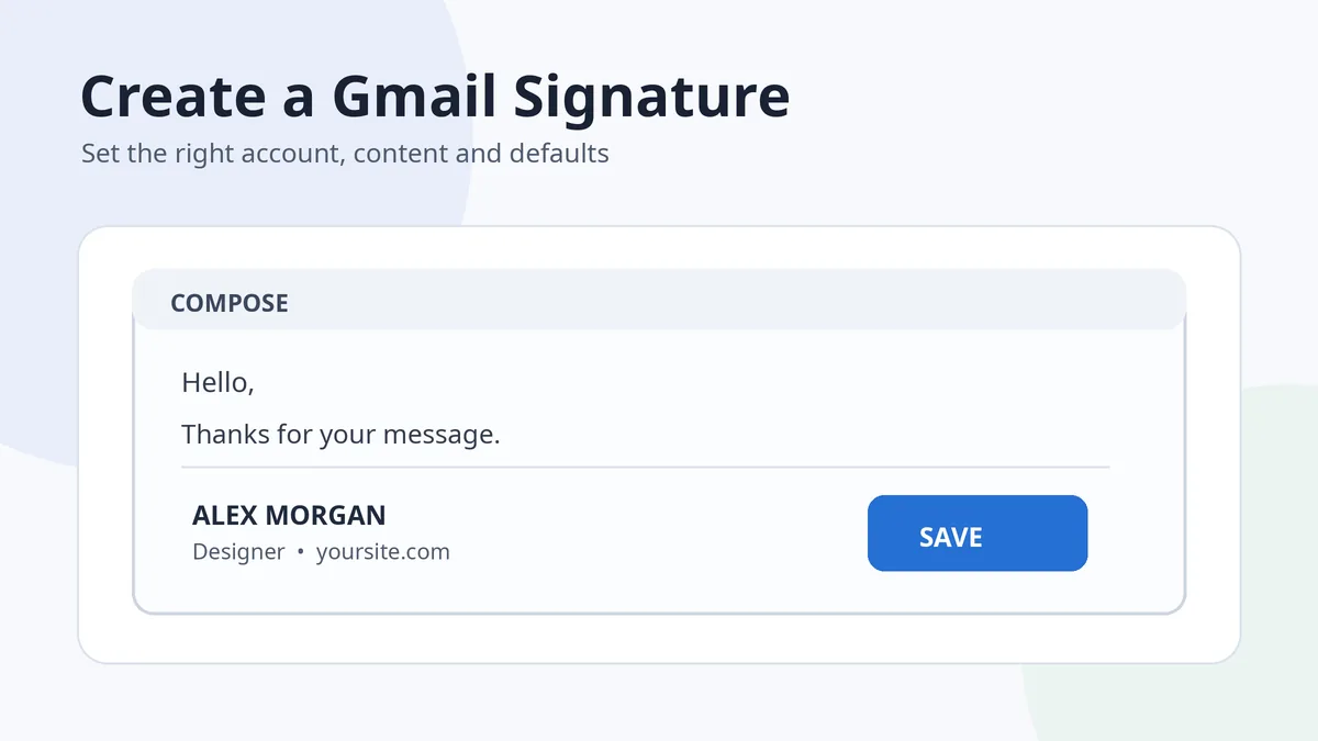 Illustration showing a Gmail message with a compact professional email signature and save control