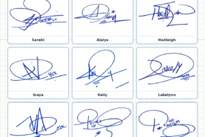 Portrait grid collage with 13 handwritten signature examples for Kahlani, Egypt, Scarlette, Sarahi, Alaiya and more names