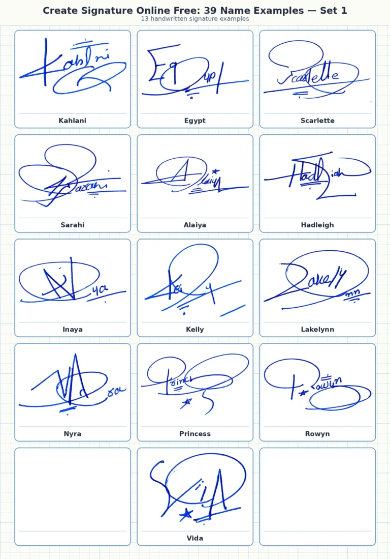 Portrait grid collage with 13 handwritten signature examples for Kahlani, Egypt, Scarlette, Sarahi, Alaiya and more names