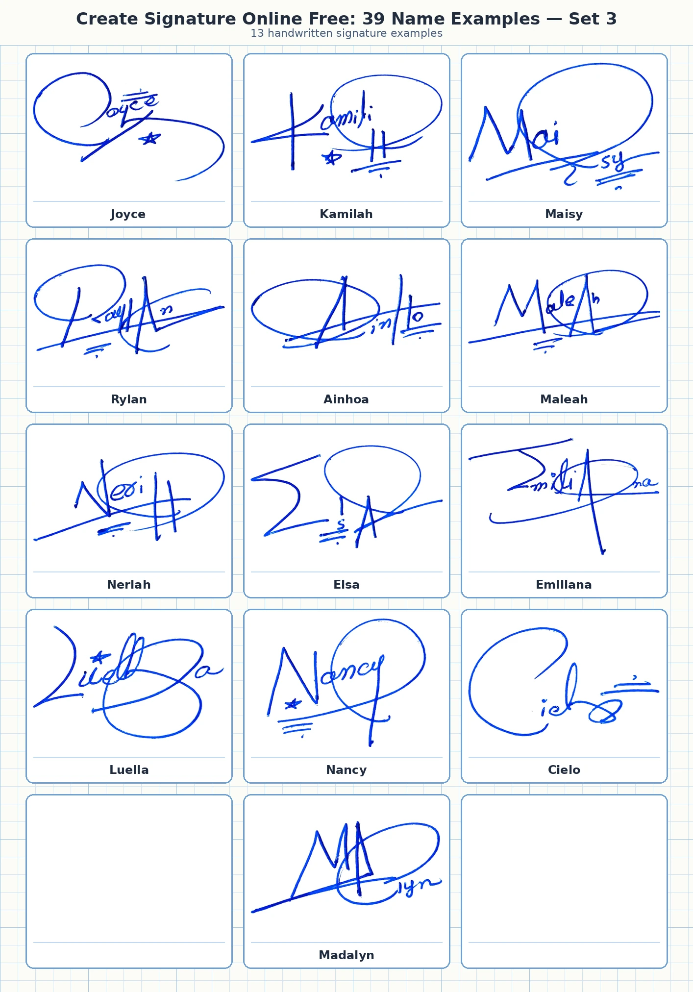 13 create signature online free examples for Joyce, Kamilah, Maisy, Rylan and more names