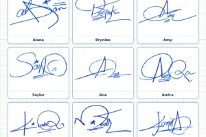 Portrait grid collage with 13 handwritten signature examples for Sawyer, Zara, Alaina, Alana, Brynlee and more names