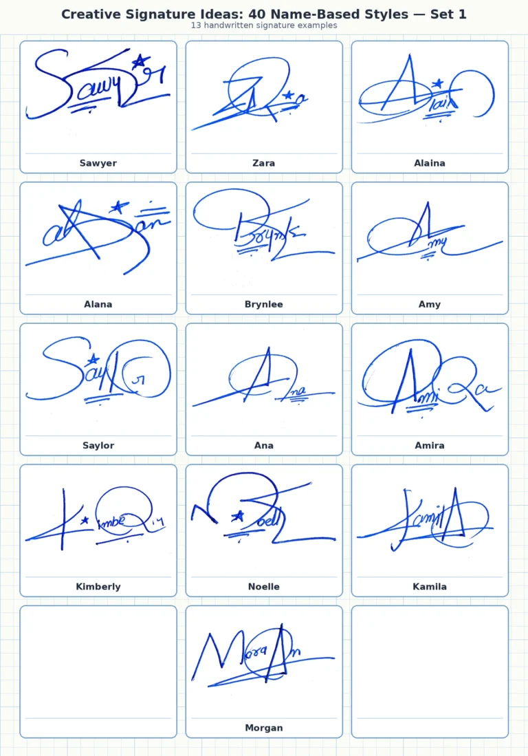 Portrait grid collage with 13 handwritten signature examples for Sawyer, Zara, Alaina, Alana, Brynlee and more names