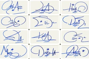 Collage of 21 cursive name signature ideas with flowing initials and connected names