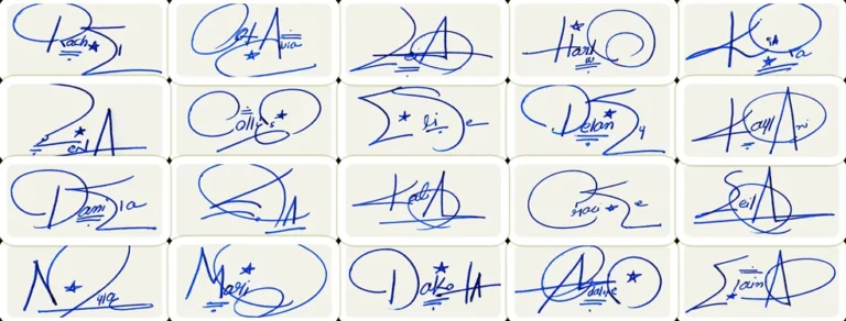 Collage of 21 cursive name signature ideas with flowing initials and connected names