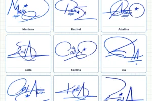 Portrait grid collage with 13 handwritten signature examples for Dahlia, Nyla, Delaney, Mariana, Rachel and more names