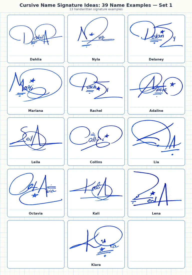 Portrait grid collage with 13 handwritten signature examples for Dahlia, Nyla, Delaney, Mariana, Rachel and more names