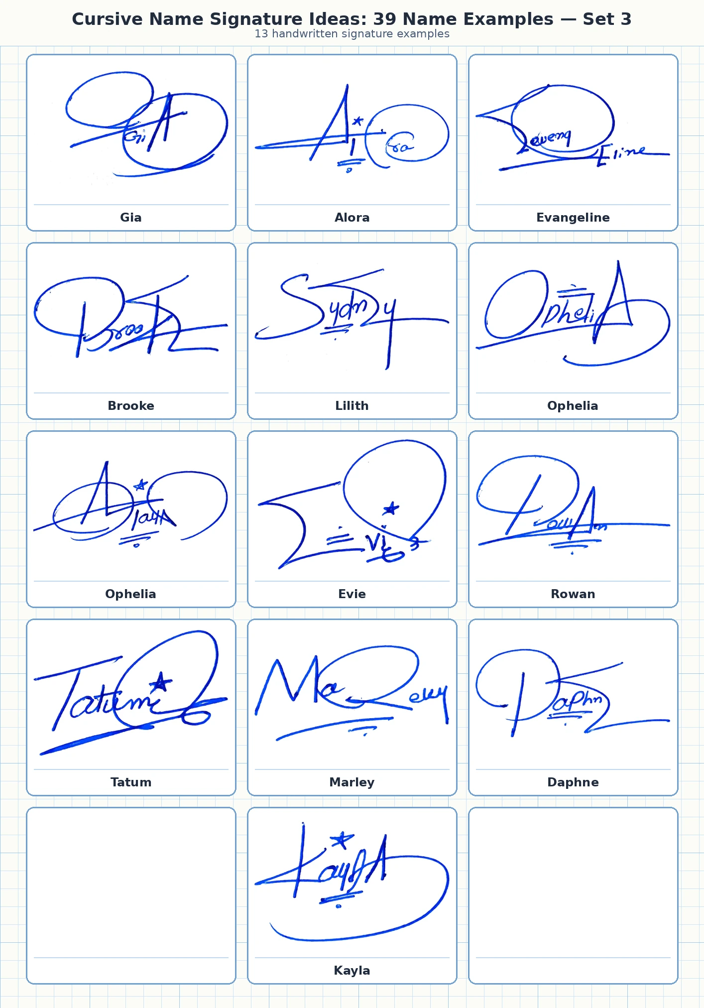 13 cursive name signature ideas for Gia, Alora, Evangeline, Brooke and more names