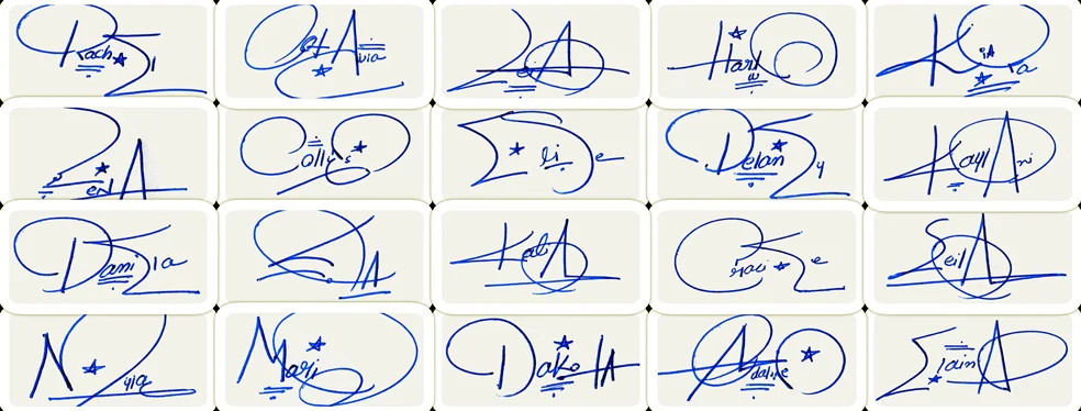 Collage of 21 cursive name signature ideas with flowing initials and connected names