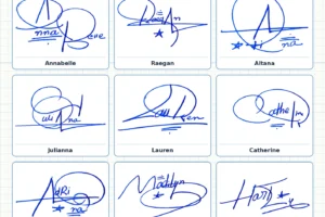 Portrait grid collage with 13 handwritten signature examples for Luciana, Joanna, Nicole, Annabelle, Raegan and more names