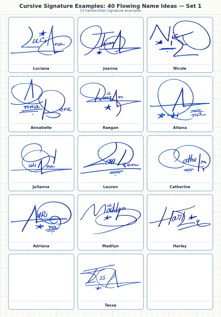 Portrait grid collage with 13 handwritten signature examples for Luciana, Joanna, Nicole, Annabelle, Raegan and more names