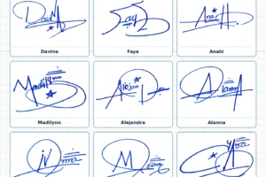 Portrait grid collage with 13 handwritten signature examples for Nia, Myra, Blaire, Davina, Faye and more names