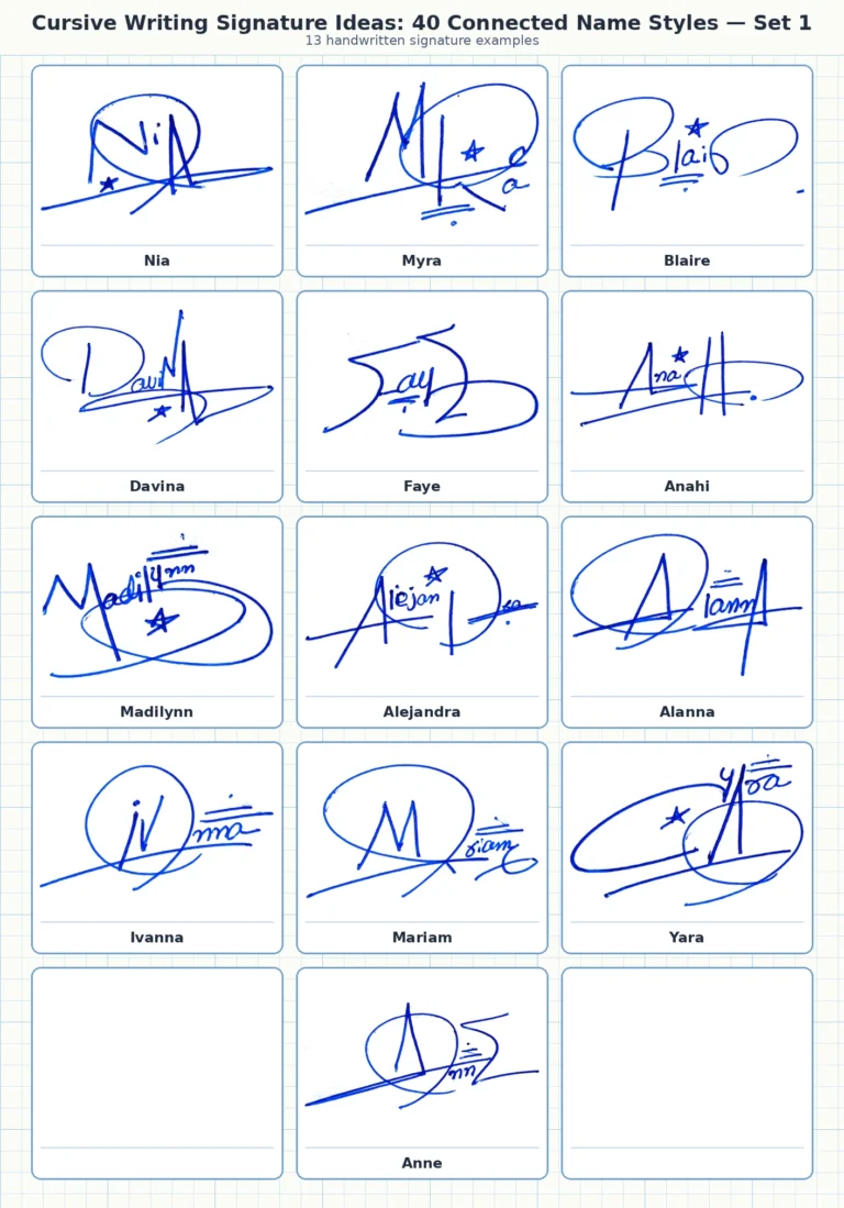 Portrait grid collage with 13 handwritten signature examples for Nia, Myra, Blaire, Davina, Faye and more names