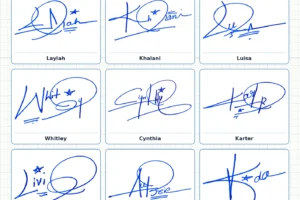 Portrait grid collage with 13 handwritten signature examples for Harlee, Kamari, Kaydence, Laylah, Khalani and more names
