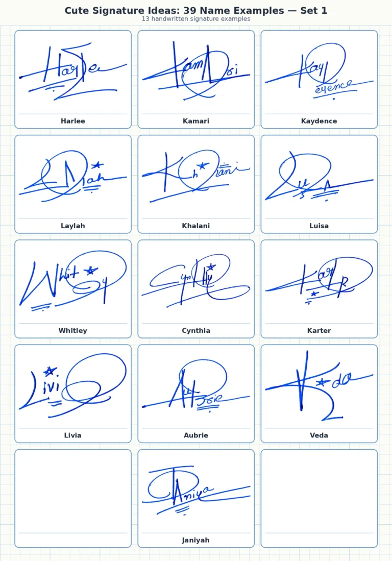 Portrait grid collage with 13 handwritten signature examples for Harlee, Kamari, Kaydence, Laylah, Khalani and more names