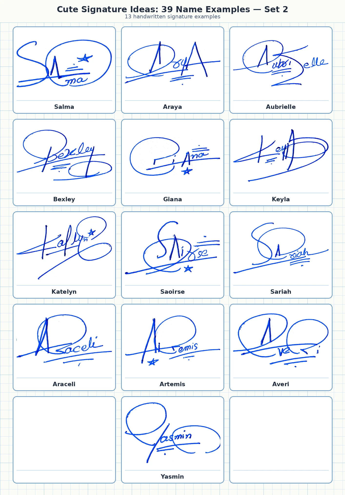 13 cute signature ideas examples for Salma, Araya, Aubrielle, Bexley and more names