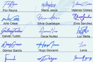 Collage of 21 different handwritten signature styles for short and full names
