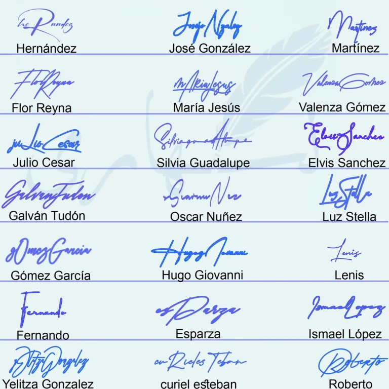 Collage of 21 different handwritten signature styles for short and full names