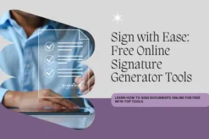 Online handwritten signature generator shown on a laptop with a signing checklist